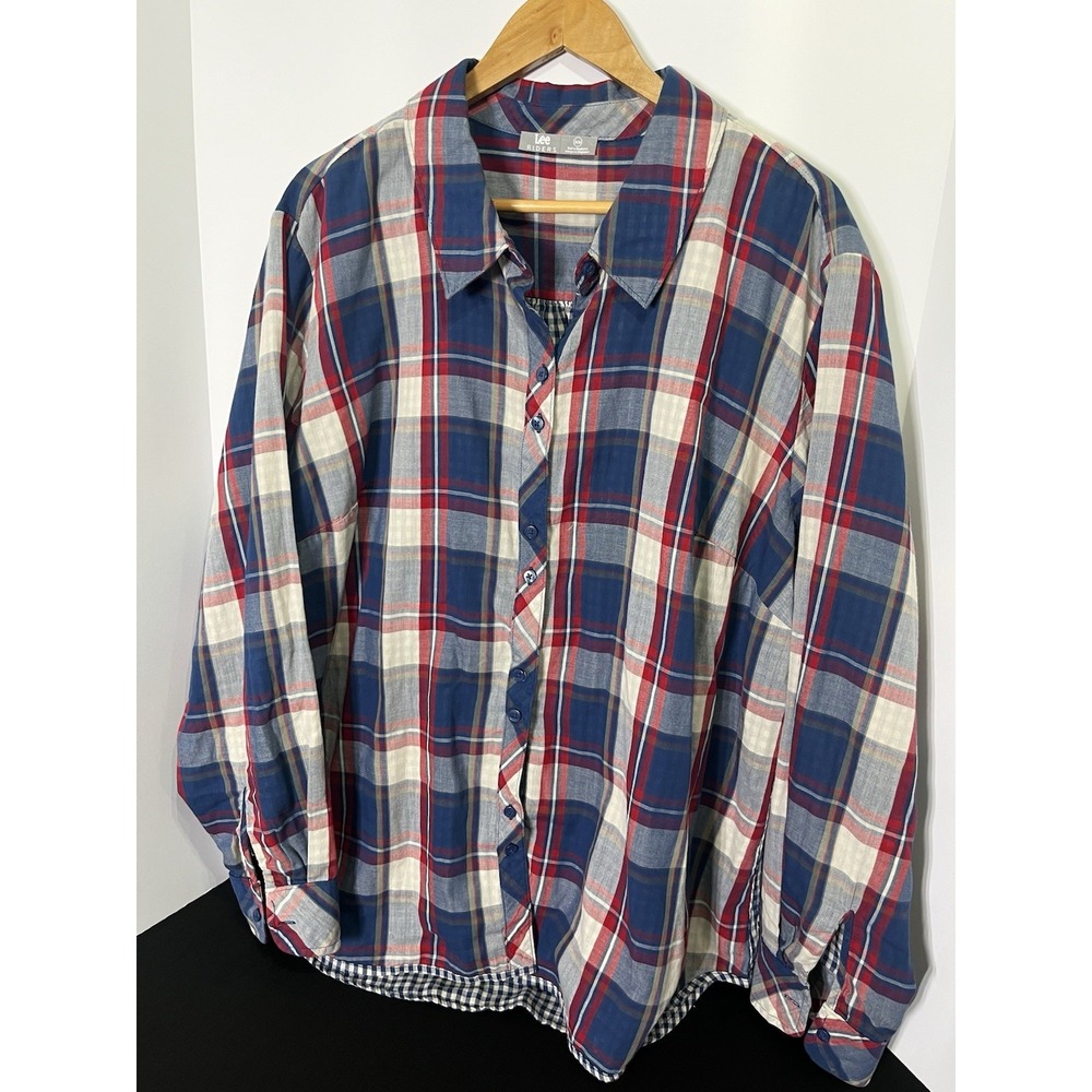 Lee Riders Plus Size 3X Women's Plaid Button Up Blouse Long Sleeve Red Blue A371
